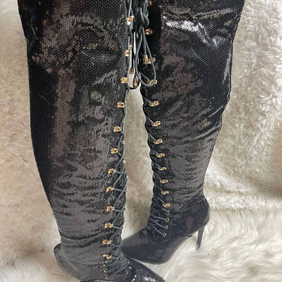 No brand Shoes - Over the knees Black sequins heels boots front lace up accents side zipper SZ6.5